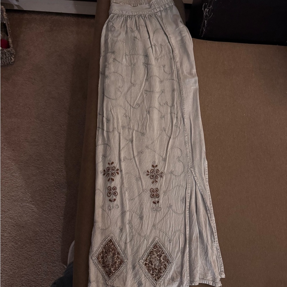 Boho Embroidered Cream Maxi Skirt
